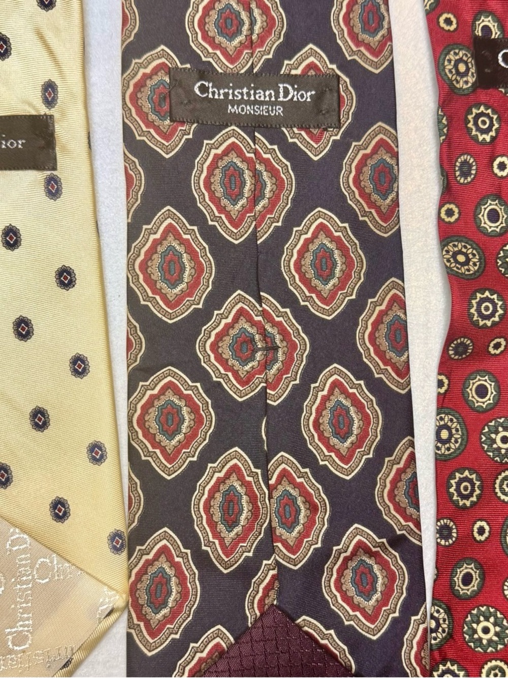 Vintage 60s 70s Christian Dior Ties Lot of 3 100% silk prints cream navy red - Picture 2 of 3